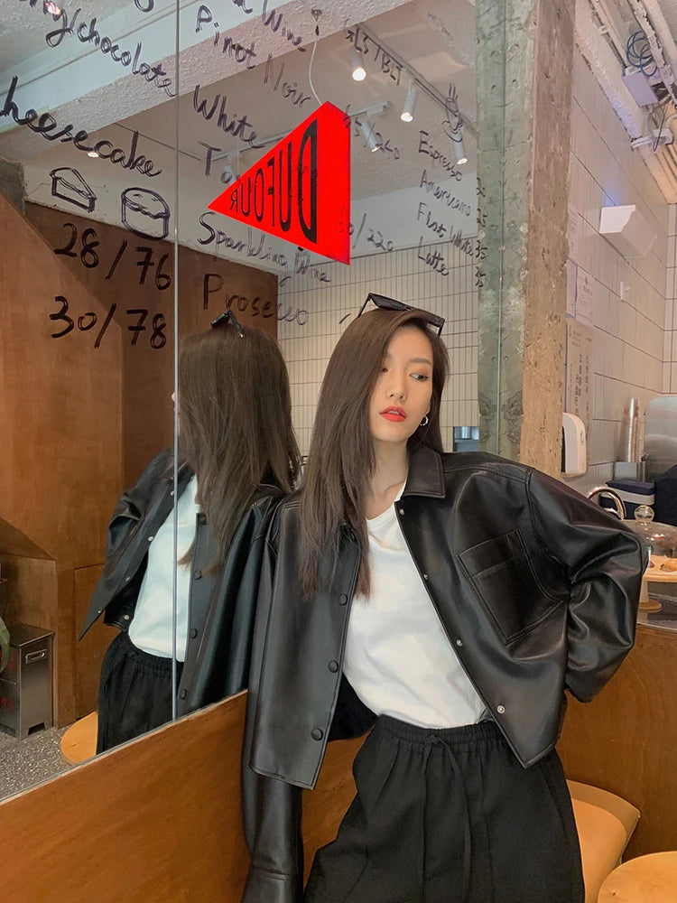 Nerazzurri Spring Autumn Brown Short Soft Pu Leather Jacket Women Long Sleeve Pocket Loose Casual Korean Fashion Clothing 2025