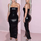 Sexy Sleeveless Long Leather Dress Women Strapless Floor Dress Hem Split Ladies Shiny Patent Leather Bodycon Halter Dress Custom