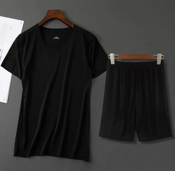 Men Ice Silk Pajamas Solid Shirt & Pants 2Pcs Pijamas Sleep Set Casual Male Home Clothes Summer Pyjamas Sleepwear Nightwear Suit
