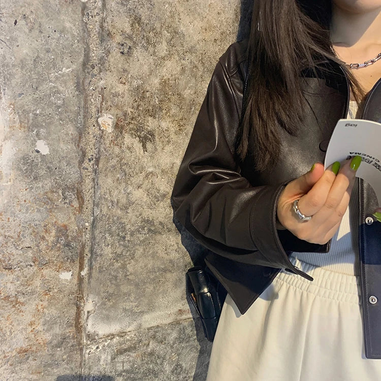 Nerazzurri Spring Autumn Brown Short Soft Pu Leather Jacket Women Long Sleeve Pocket Loose Casual Korean Fashion Clothing 2025