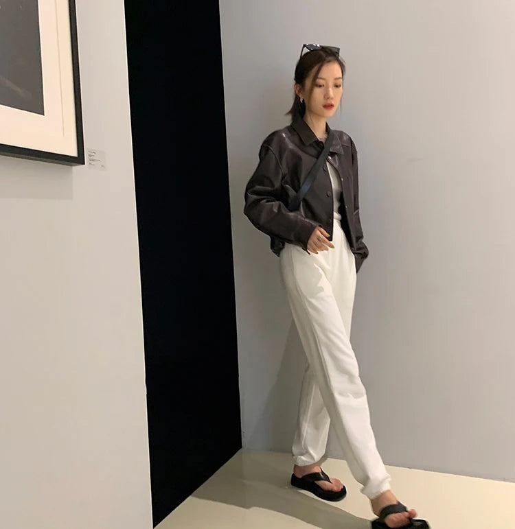 Nerazzurri Spring Autumn Brown Short Soft Pu Leather Jacket Women Long Sleeve Pocket Loose Casual Korean Fashion Clothing 2025