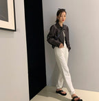 Nerazzurri Spring Autumn Brown Short Soft Pu Leather Jacket Women Long Sleeve Pocket Loose Casual Korean Fashion Clothing 2025