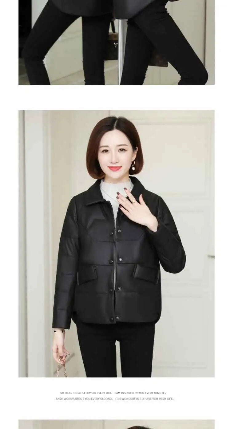 Women's PU Leather Jacket Winter Parkas Fashion Big Fur Collar Down Cotton Coat Female Leather Windbreaker Outerwear  Y765