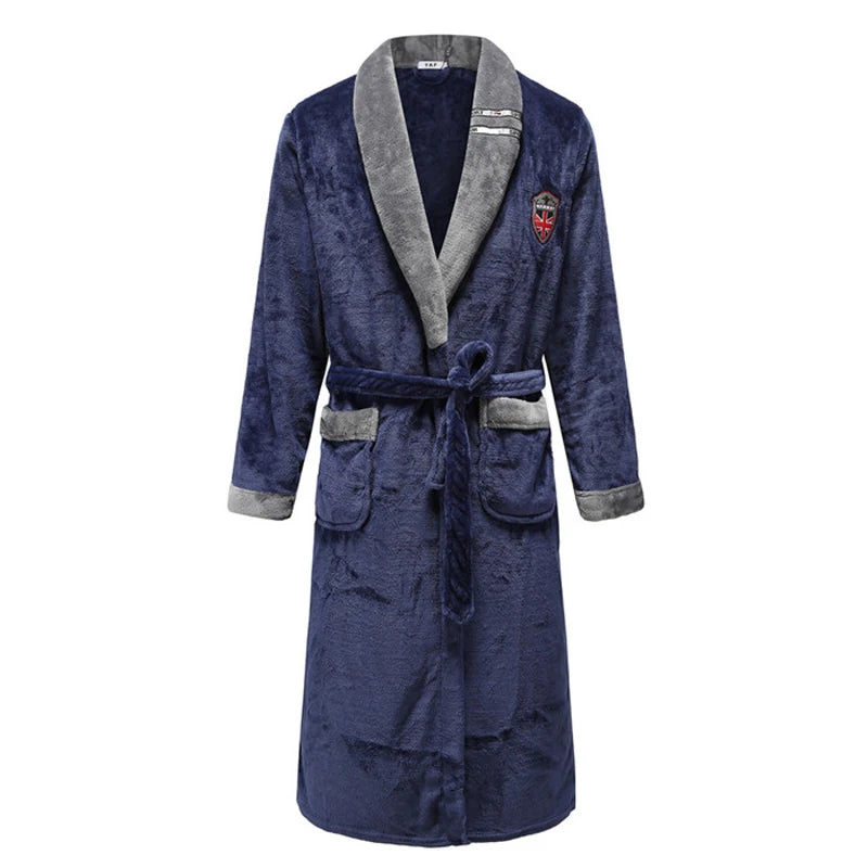 Autumn/Winter Men Nightgown Kimono Bathrobe Gown Coral Fleece Negligee V-neck Intimate Lingerie Solid Colour Sleepwear