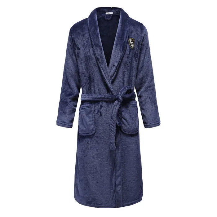 Autumn/Winter Men Nightgown Kimono Bathrobe Gown Coral Fleece Negligee V-neck Intimate Lingerie Solid Colour Sleepwear