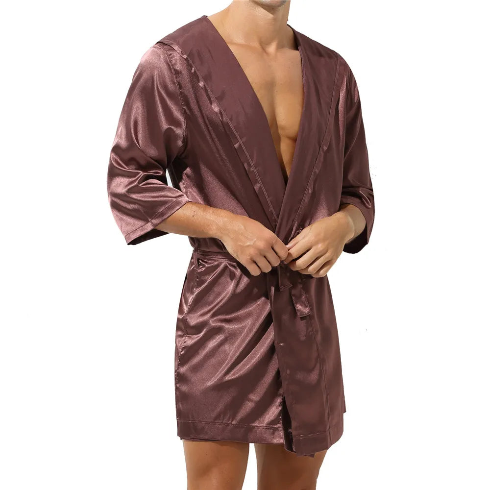 Mens Hooded Bath Robe Short Sleeve House Robe Satin Silk Lounge Bathrobes with Belt Men's Pajamas Homme Kimono Robes Sleepwear