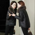 Women's PU Leather Jacket Winter Parkas Fashion Big Fur Collar Down Cotton Coat Female Leather Windbreaker Outerwear  Y765