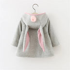 2025Children's coat Autumn Winter New Girl David Jacket Long Solid color Cute Cartoon Rabbit Ears Hooded Coat 0-5Y