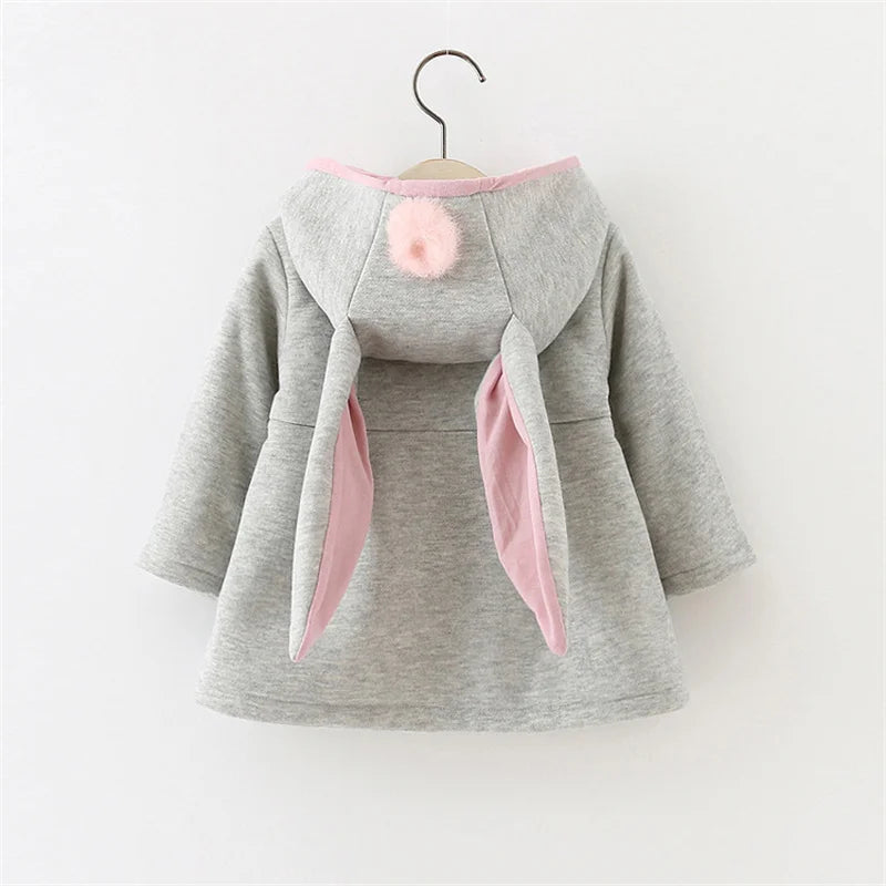 2025Children's coat Autumn Winter New Girl David Jacket Long Solid color Cute Cartoon Rabbit Ears Hooded Coat 0-5Y