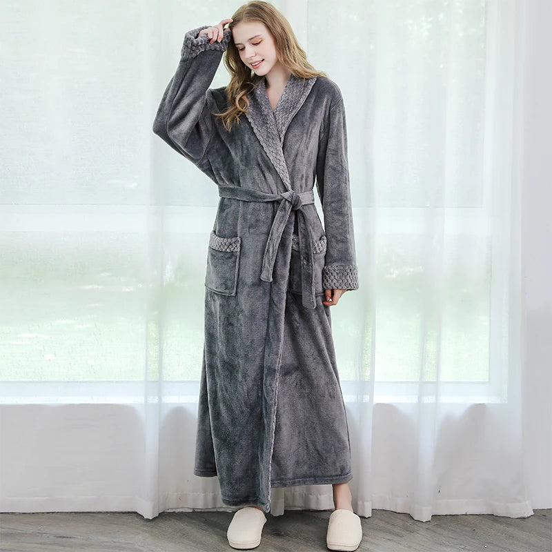 Men Winter Plus Size Long Flannel Bathrobe Warm Coral Fleece Kimono Bath Robe Night Cozy Sleepwear Women Jacquard Dressing Gown