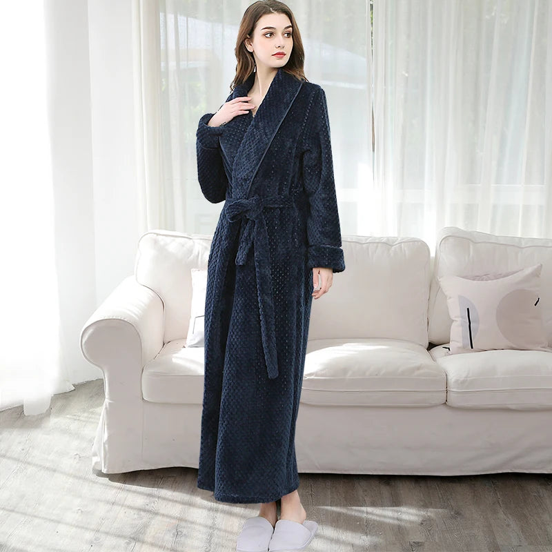 Men Winter Plus Size Long Flannel Bathrobe Warm Coral Fleece Kimono Bath Robe Night Cozy Sleepwear Women Jacquard Dressing Gown