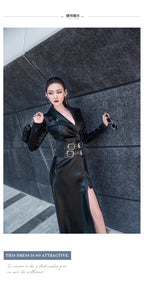 Lautaro Spring black maxi leather dress women long sleeve zipper corset Long tight dress Faux Leather dresses for women 2022