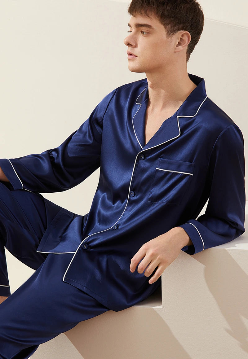Men's 100% Real Silk Pajamas Set for Men Sleepwear