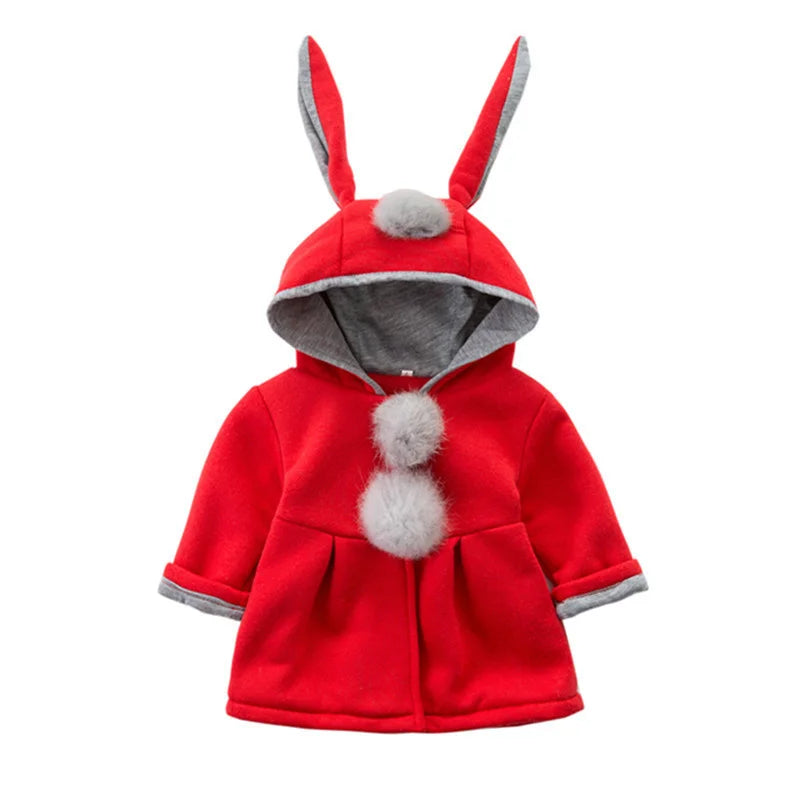 2025Children's coat Autumn Winter New Girl David Jacket Long Solid color Cute Cartoon Rabbit Ears Hooded Coat 0-5Y