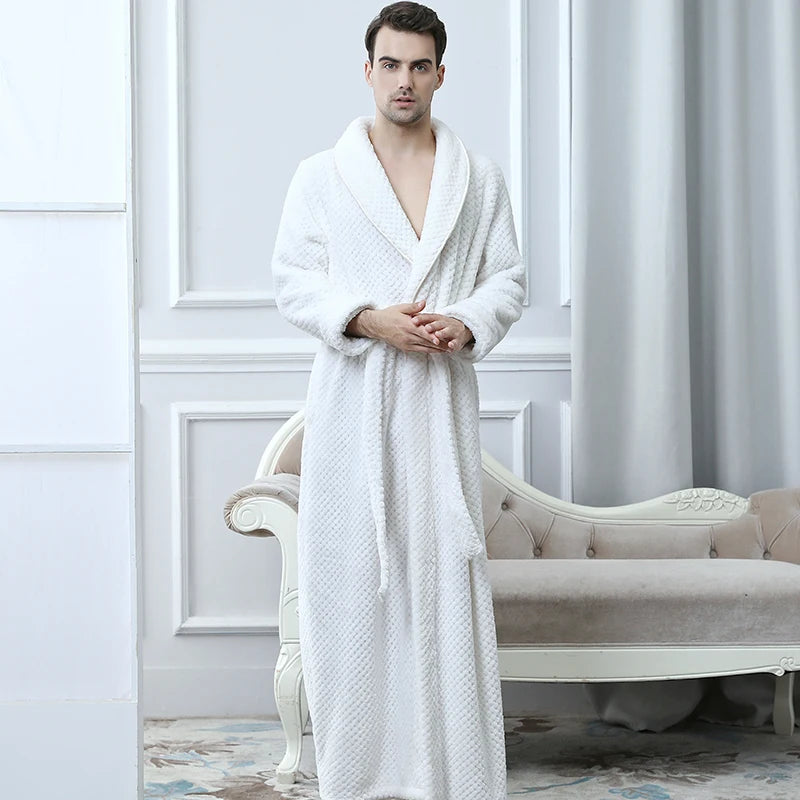 Men Winter Plus Size Long Flannel Bathrobe Warm Coral Fleece Kimono Bath Robe Night Cozy Sleepwear Women Jacquard Dressing Gown