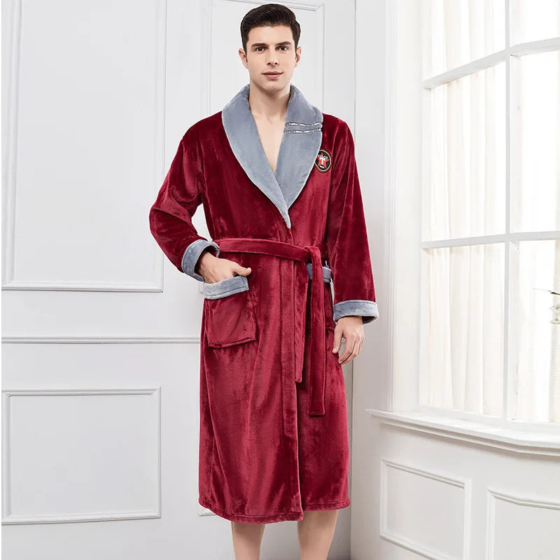 Autumn/Winter Men Nightgown Kimono Bathrobe Gown Coral Fleece Negligee V-neck Intimate Lingerie Solid Colour Sleepwear