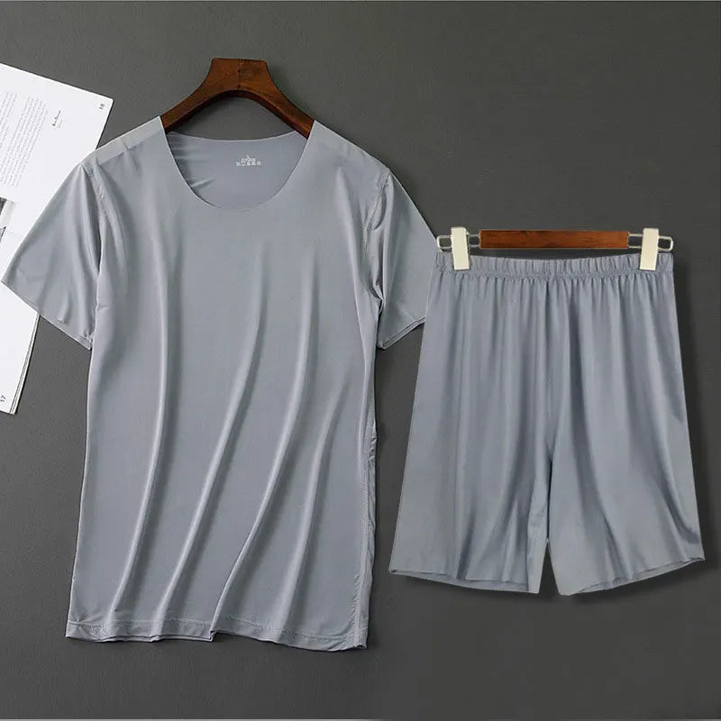 Men Ice Silk Pajamas Solid Shirt & Pants 2Pcs Pijamas Sleep Set Casual Male Home Clothes Summer Pyjamas Sleepwear Nightwear Suit