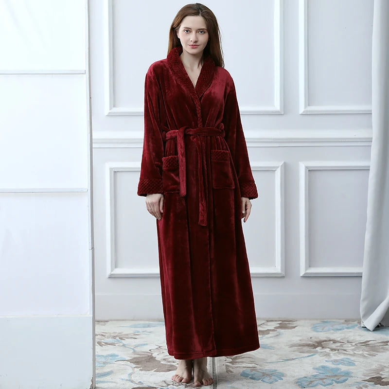 Men Winter Plus Size Long Flannel Bathrobe Warm Coral Fleece Kimono Bath Robe Night Cozy Sleepwear Women Jacquard Dressing Gown