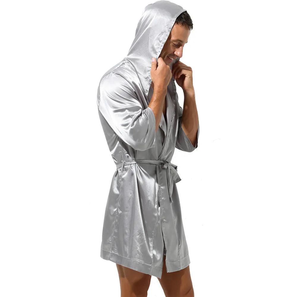 Mens Hooded Bath Robe Short Sleeve House Robe Satin Silk Lounge Bathrobes with Belt Men's Pajamas Homme Kimono Robes Sleepwear