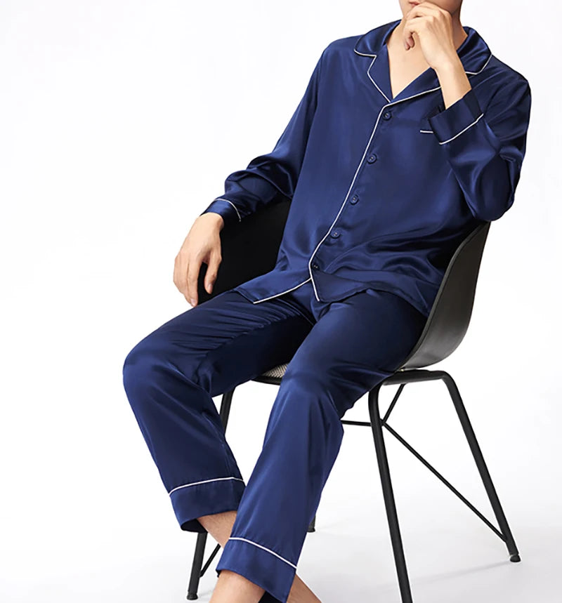 Men's 100% Real Silk Pajamas Set for Men Sleepwear