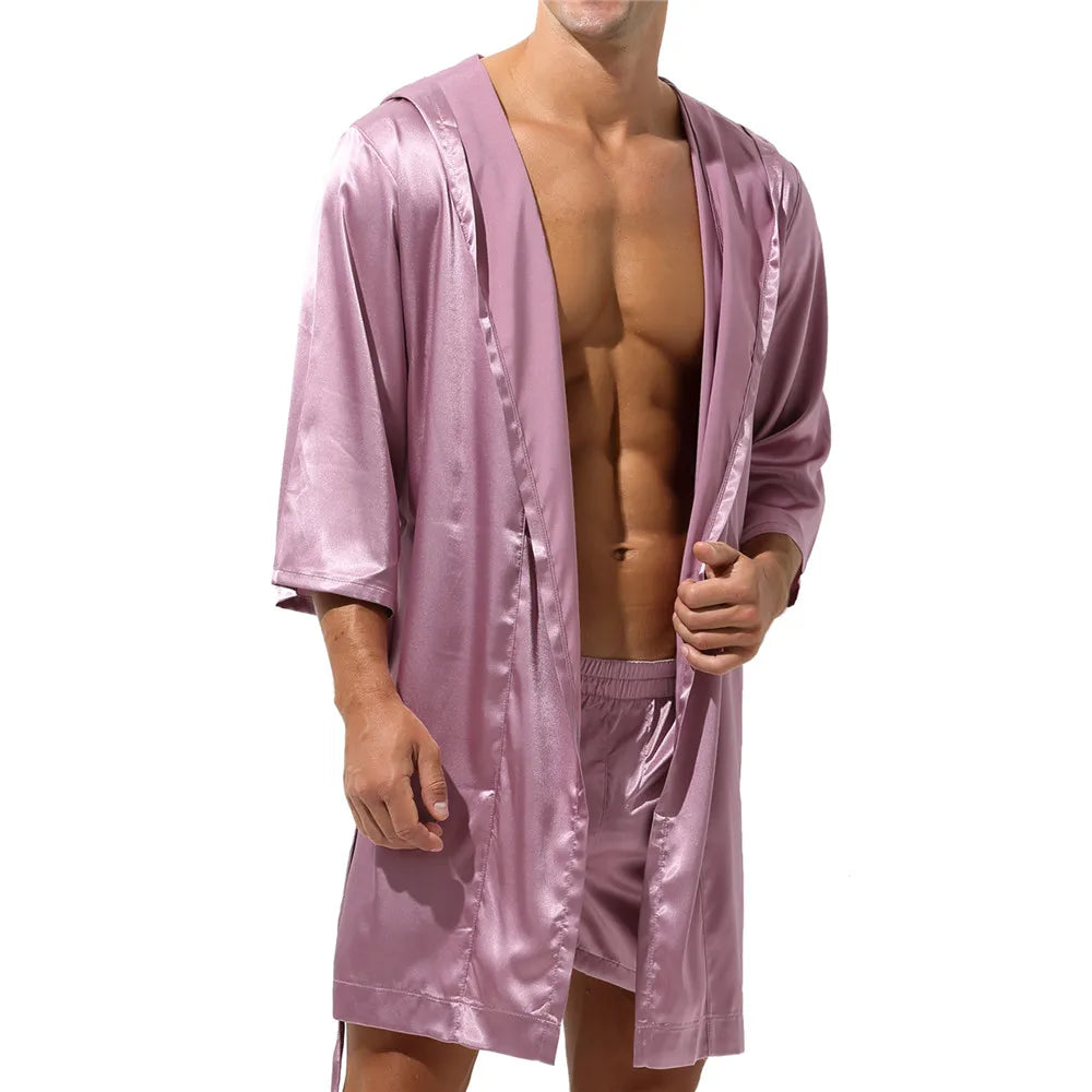 Mens Hooded Bath Robe Short Sleeve House Robe Satin Silk Lounge Bathrobes with Belt Men's Pajamas Homme Kimono Robes Sleepwear