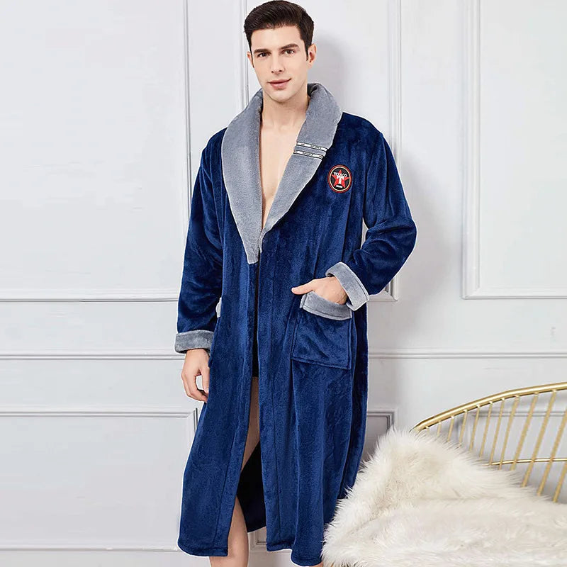 Autumn/Winter Men Nightgown Kimono Bathrobe Gown Coral Fleece Negligee V-neck Intimate Lingerie Solid Colour Sleepwear