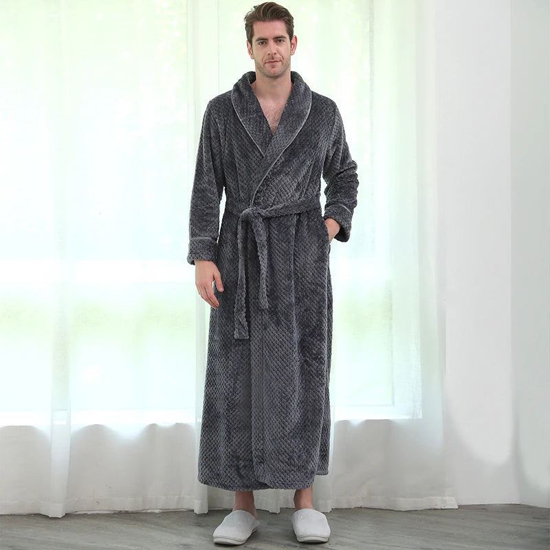 Men Winter Plus Size Long Flannel Bathrobe Warm Coral Fleece Kimono Bath Robe Night Cozy Sleepwear Women Jacquard Dressing Gown