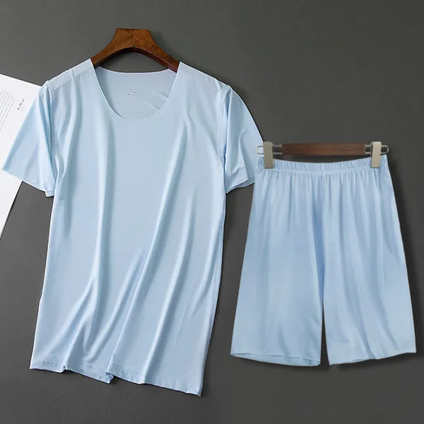 Men Ice Silk Pajamas Solid Shirt & Pants 2Pcs Pijamas Sleep Set Casual Male Home Clothes Summer Pyjamas Sleepwear Nightwear Suit