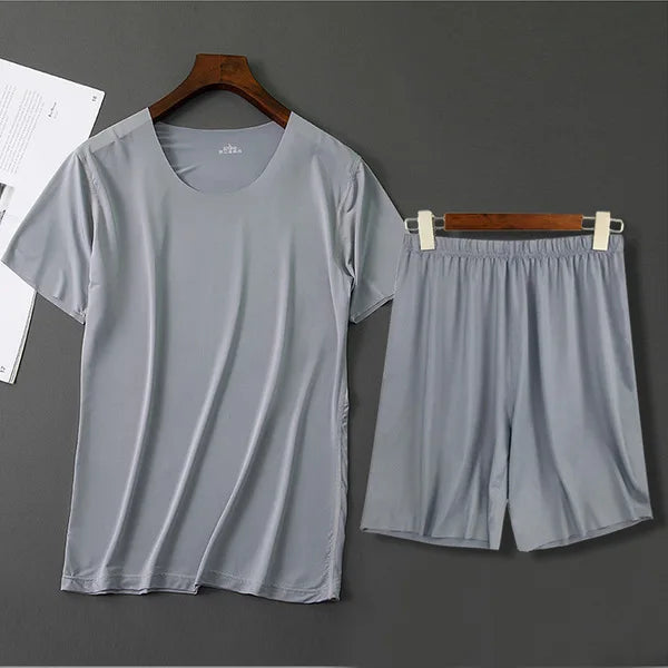Men Ice Silk Pajamas Solid Shirt & Pants 2Pcs Pijamas Sleep Set Casual Male Home Clothes Summer Pyjamas Sleepwear Nightwear Suit