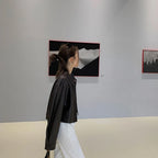 Nerazzurri Spring Autumn Brown Short Soft Pu Leather Jacket Women Long Sleeve Pocket Loose Casual Korean Fashion Clothing 2025