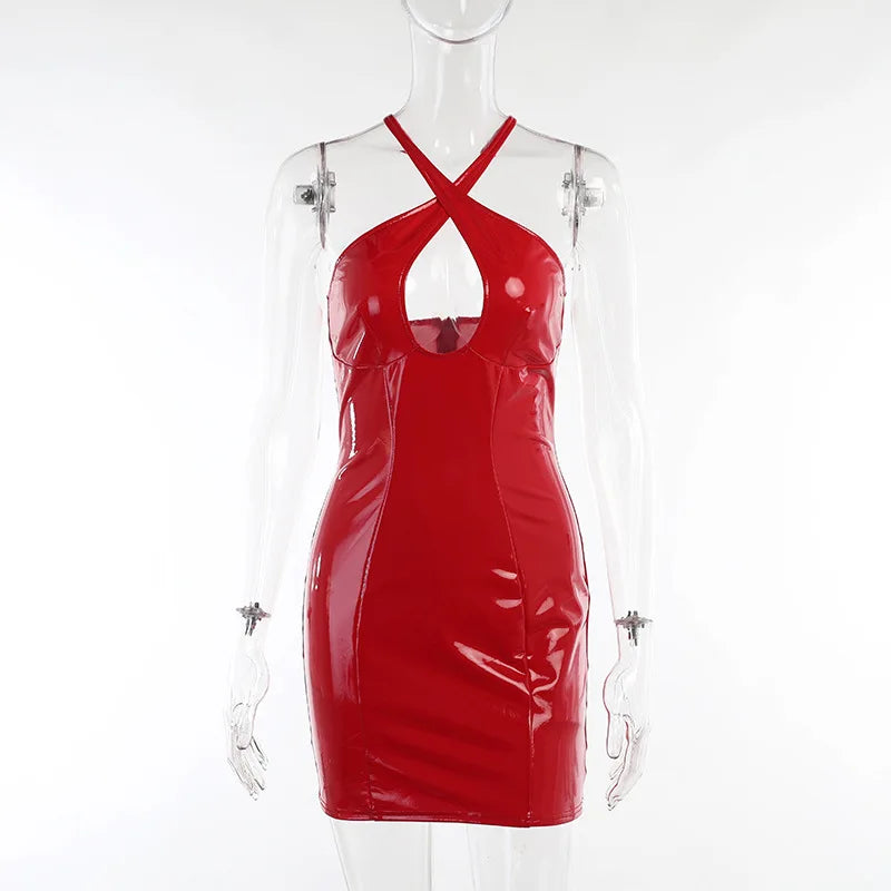Summer PVC Bodycon Halter Sleeveless Dress Club Latex Leather Midi Dresses Women Bare Chest Hollow Sexy Bag Hip Skirt New Custom