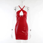 Summer PVC Bodycon Halter Sleeveless Dress Club Latex Leather Midi Dresses Women Bare Chest Hollow Sexy Bag Hip Skirt New Custom