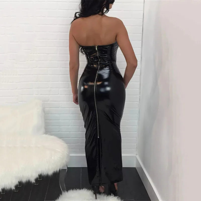 Sexy Sleeveless Long Leather Dress Women Strapless Floor Dress Hem Split Ladies Shiny Patent Leather Bodycon Halter Dress Custom