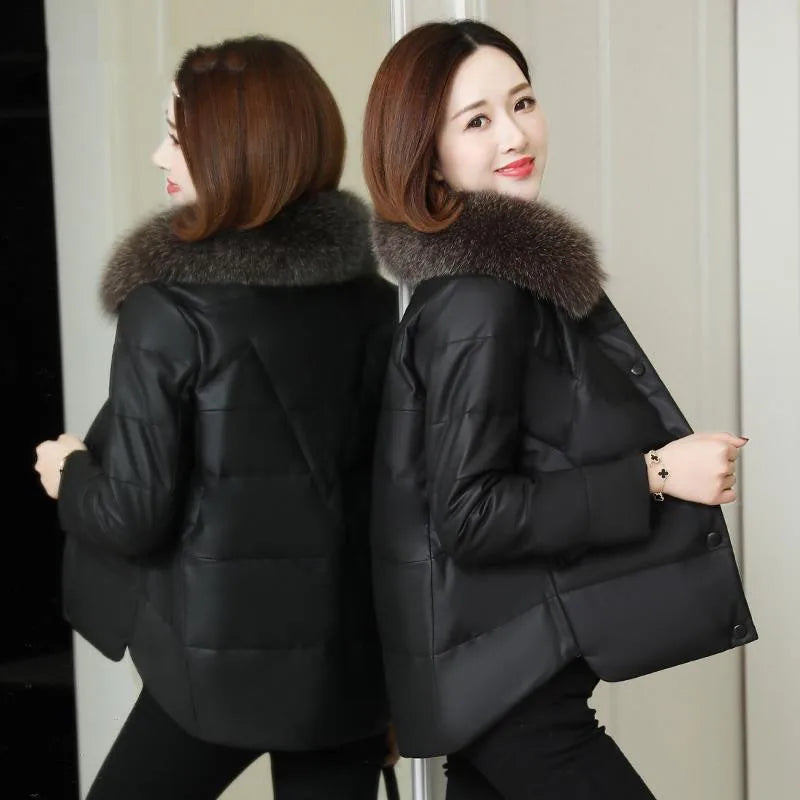 Women's PU Leather Jacket Winter Parkas Fashion Big Fur Collar Down Cotton Coat Female Leather Windbreaker Outerwear  Y765