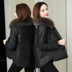 Women's PU Leather Jacket Winter Parkas Fashion Big Fur Collar Down Cotton Coat Female Leather Windbreaker Outerwear  Y765
