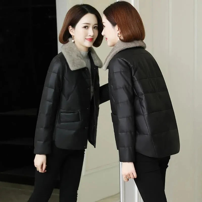 Women's PU Leather Jacket Winter Parkas Fashion Big Fur Collar Down Cotton Coat Female Leather Windbreaker Outerwear  Y765