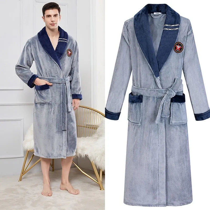 Autumn/Winter Men Nightgown Kimono Bathrobe Gown Coral Fleece Negligee V-neck Intimate Lingerie Solid Colour Sleepwear