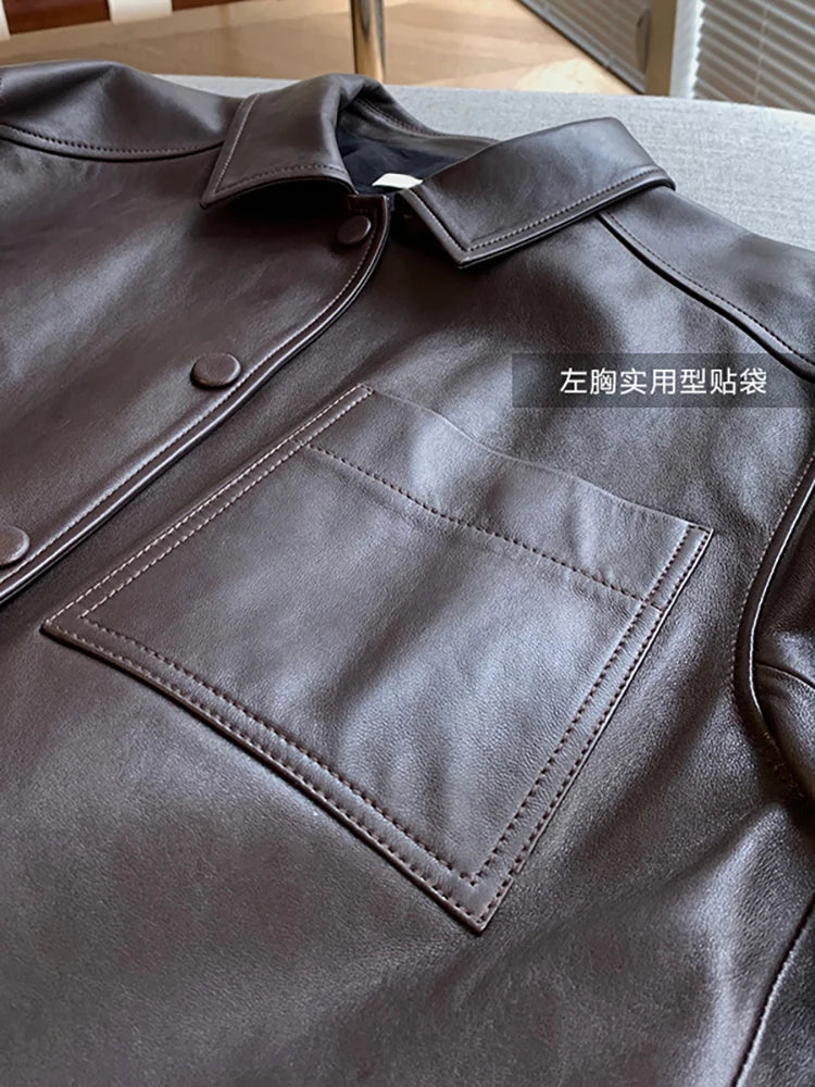 Nerazzurri Spring Autumn Brown Short Soft Pu Leather Jacket Women Long Sleeve Pocket Loose Casual Korean Fashion Clothing 2025
