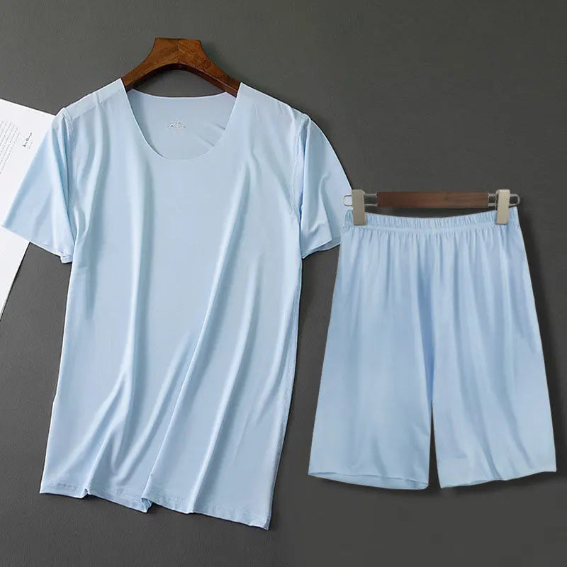 Men Ice Silk Pajamas Solid Shirt & Pants 2Pcs Pijamas Sleep Set Casual Male Home Clothes Summer Pyjamas Sleepwear Nightwear Suit