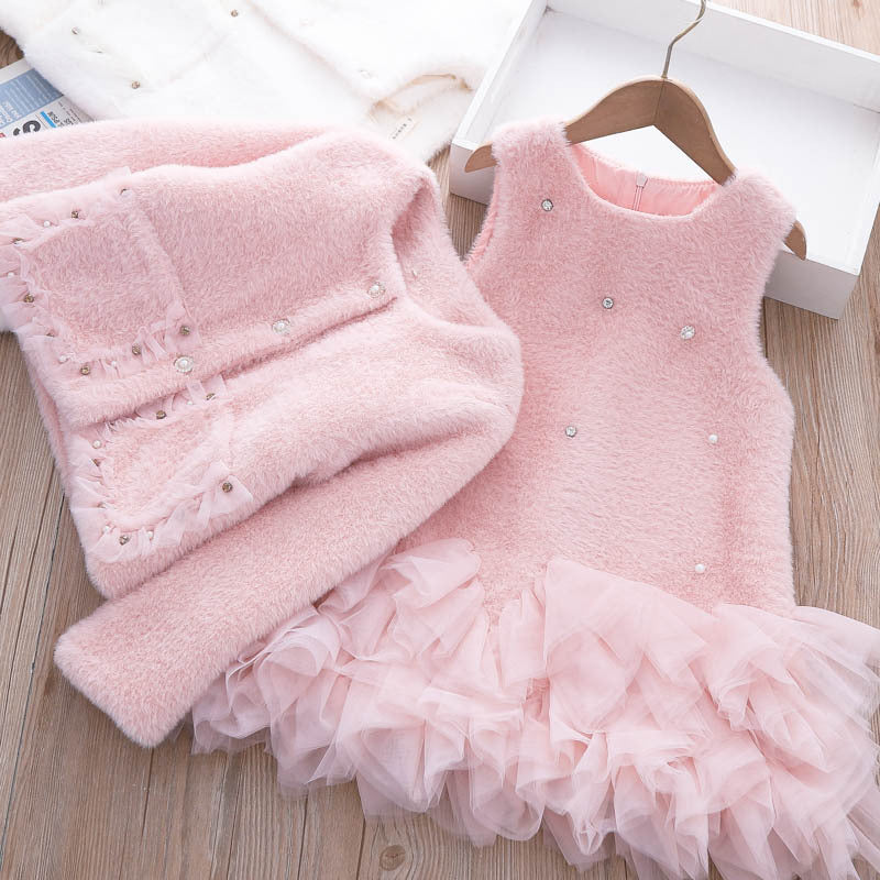 Girls Clothing Sets Winter Kids Girl Sweet Faux Fur Coat and Dress 2pcs Clothes Suit Children Girl Princess Warm Clothes 3 5 8