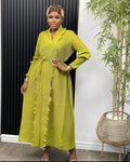 Women Eid Muslim Dress Ruffles Sleeve Dubai Abayas Solid Dresses Sashes Loose Casual Morocco Kaftan Islam Arab Ankle Length