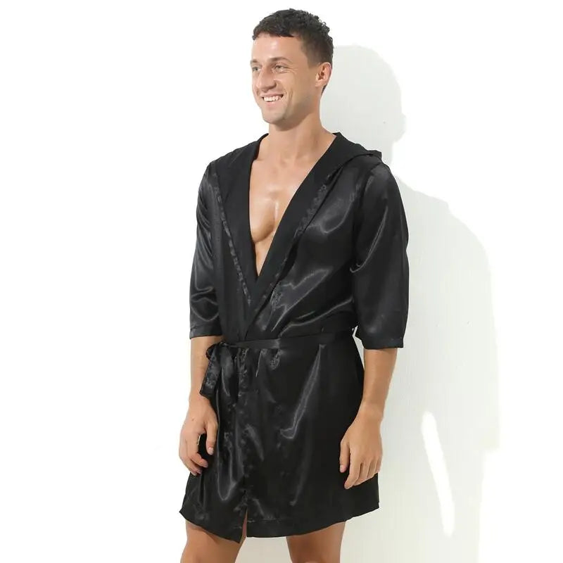 Sexy Sleepwear Men Robes Bathrobes Soft Silky Short Sleeve Nightgown Mens Homewear Dressing Gown Male Pajamas (No shorts)