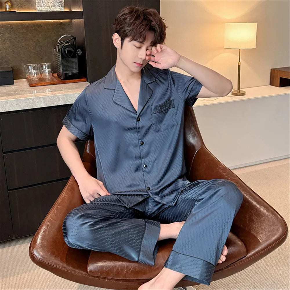 Women Men Pajamas Short Sleeved Shirt Trousers Ice Silk Sleepwear