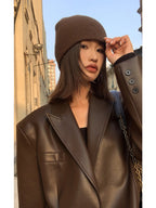 Women Black Brown Soft PU Leather Blazer Shoulder Pads Long Sleeve Single Breasted Loose Casual Jacket Tops Korean Fashion Coat