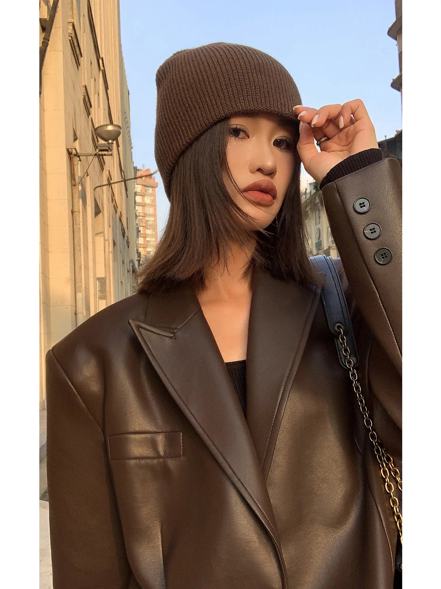 Women Black Brown Soft PU Leather Blazer Shoulder Pads Long Sleeve Single Breasted Loose Casual Jacket Tops Korean Fashion Coat