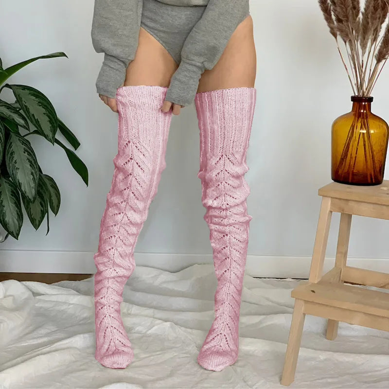 Knitted Leg Warmers Solid Color Hollow Mesh Long Over The Knee Stacked Socks Women Wool Winter Warm Socks Home Long Socks