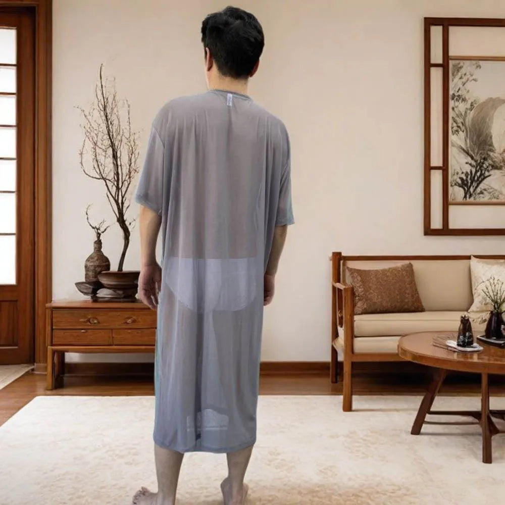 Men's Solid Color Mesh Transparent Short-Sleeved Robe Sexy Retro Fashion Trend Loose Casual Breathable Summer New Men's Tops