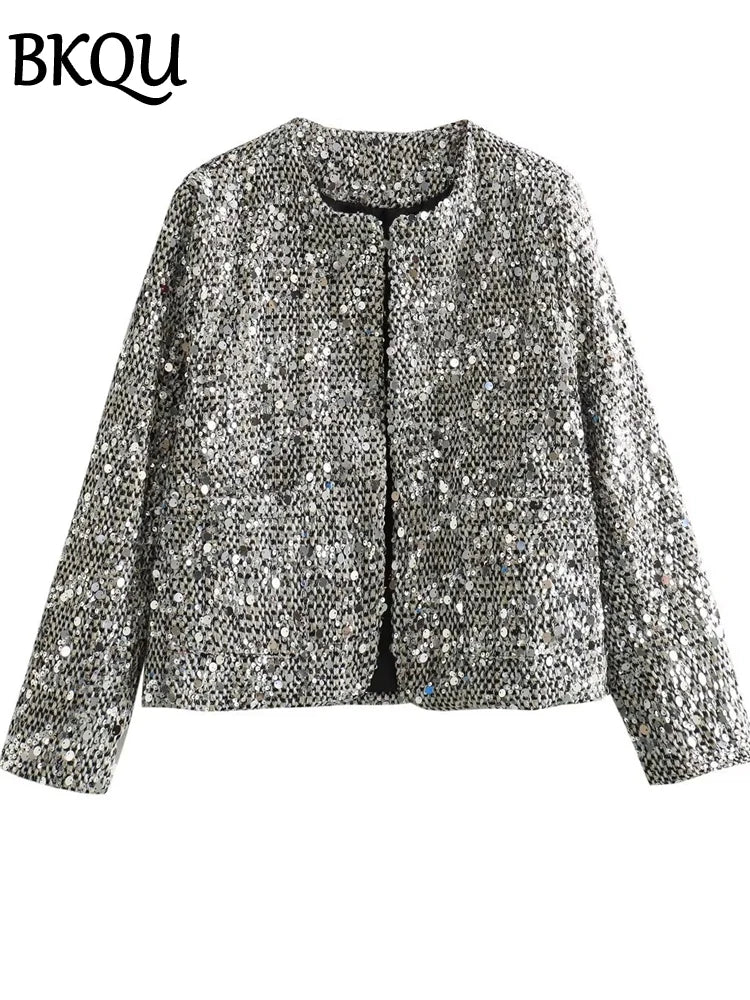 BKQU Tweed Sequined Jackets Women Casual Loose Round Neck Long Sleeved Cropped Silver Cardigan Autumn Female Warm Elegant Coats