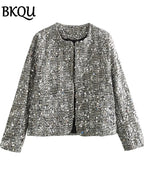 BKQU Tweed Sequined Jackets Women Casual Loose Round Neck Long Sleeved Cropped Silver Cardigan Autumn Female Warm Elegant Coats