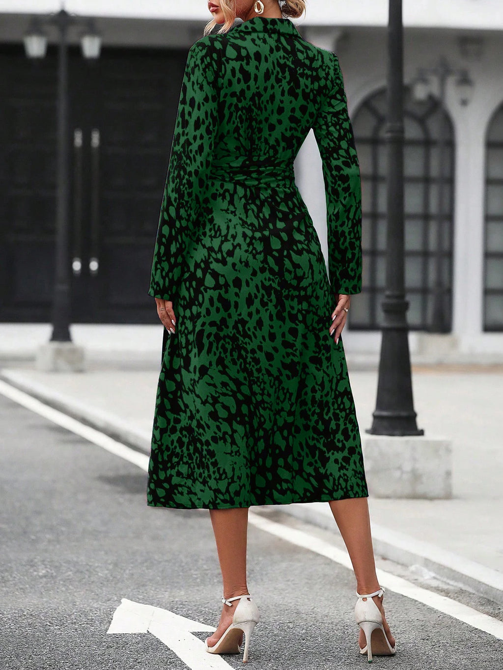 Elegant Random Print Button Down Shirt Dress Women's Long Sleeve Belted Waist Midi Dress Spring Fall Office Casual Dress